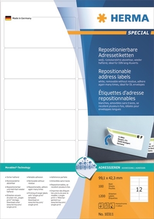 HERMA removable labels 99.1 x 42.3 mm, 1200 pieces.