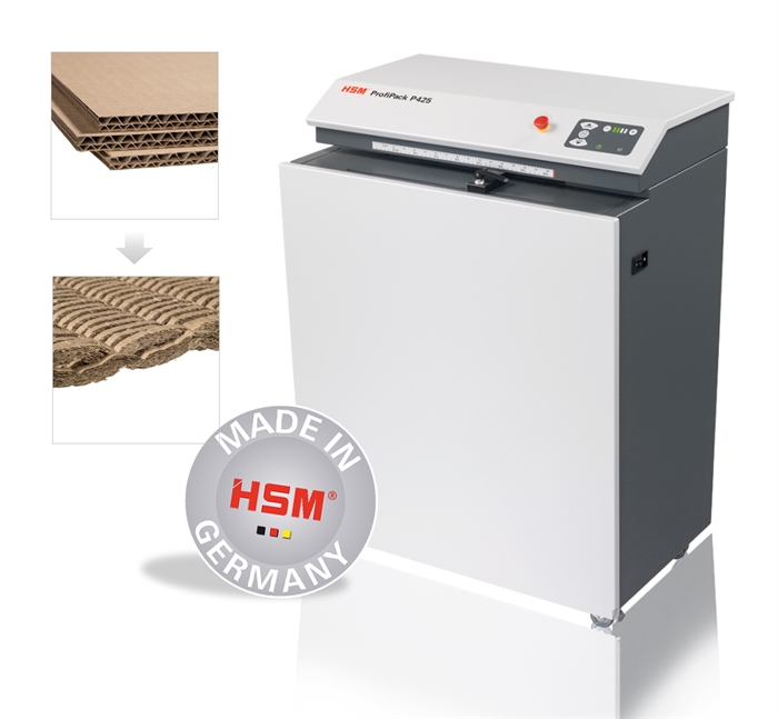 HSM ProfiPack paper shredder P425 floor model with adapter set for dust extraction.