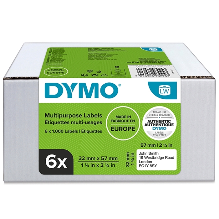 Dymo Label Multi 32 x 57 mm, removable white, 6 x 1000 pcs.