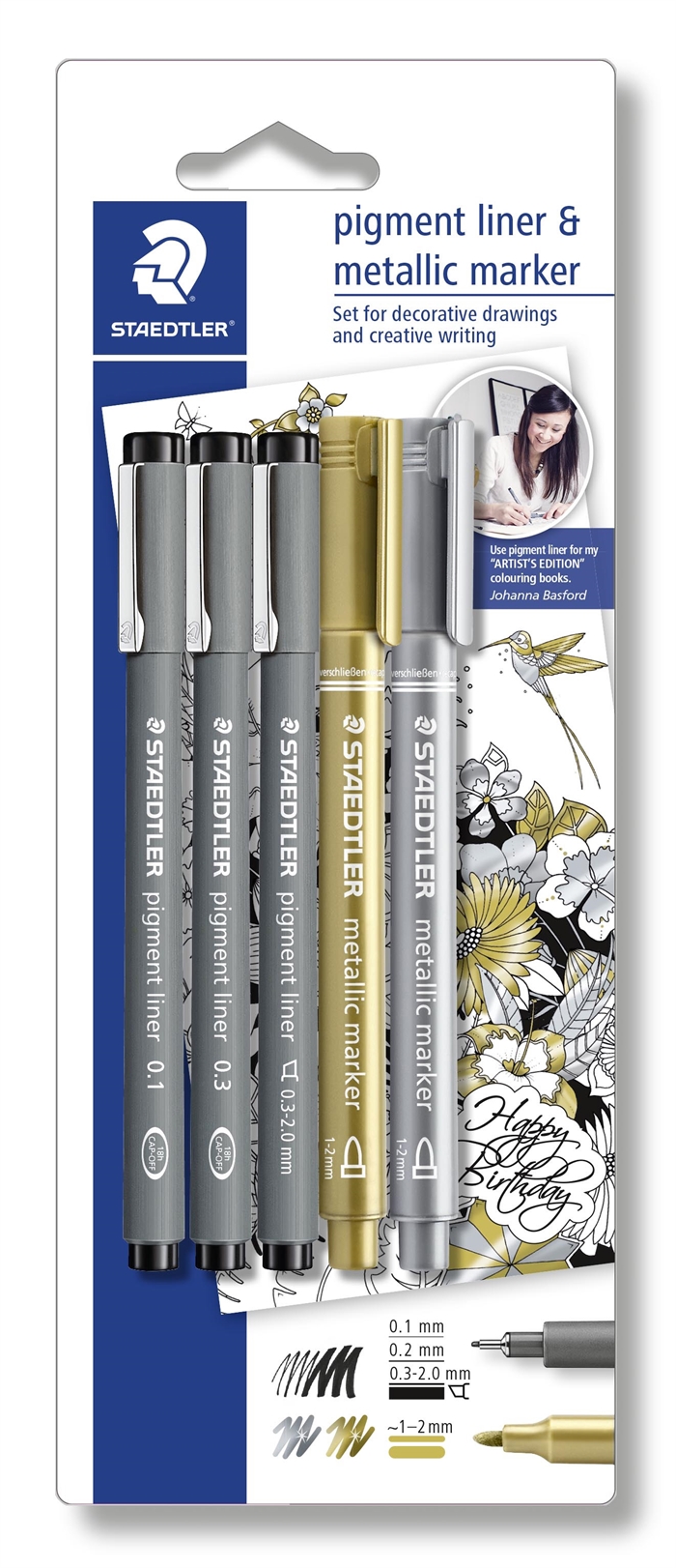 Staedtler Fineliner pigment liner black + silver and gold (3+2)