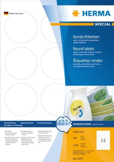 HERMA removable label ø60 mm, 1200 pcs.