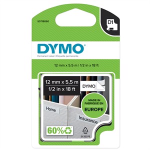 Tape D1 12mm x 5.5m permanent polyester black/white