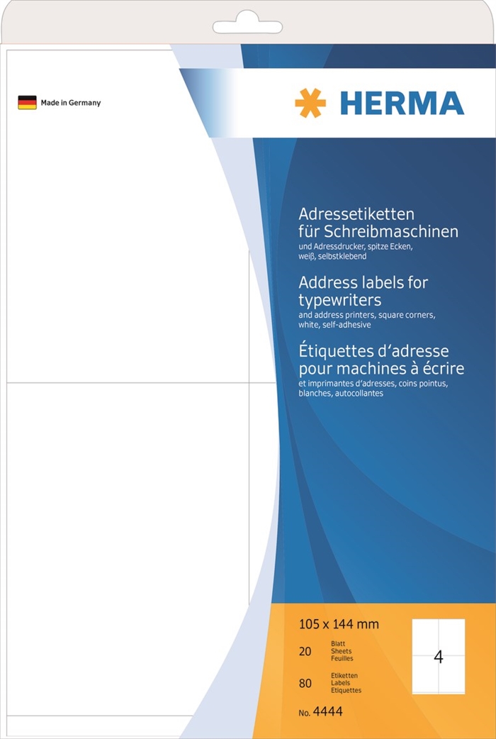 HERMA address label for typewriter 105 x 144 mm, 80 pieces.