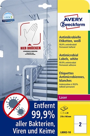 Avery Antimicrobial Labels 210 x 148 white mm, 20 pcs.